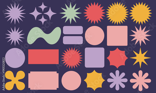 Colorful abstract vector background featuring various geometric and organic shapes like spiky stars, circles, and blobs, capturing the trendy retro aesthetic.