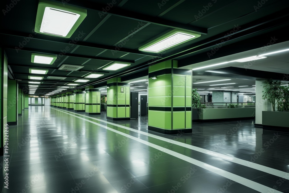 Obraz premium Long corridor featuring modern architecture, bright overhead lighting, and green pillars
