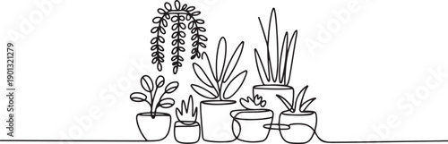 House plants in pots. Continuous one Line drawing. Isolated on White Background. one line Art icon drawing vector