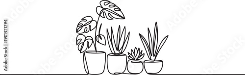 House plants in pots. Continuous one Line drawing. Isolated on White Background. one line Art icon drawing vector