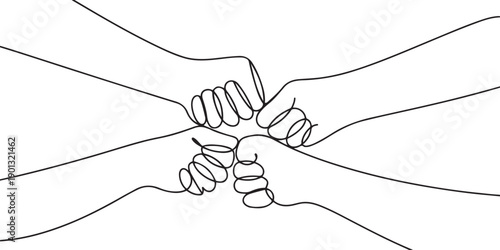 Hands of friends team bumping fists together. Continuous one line drawing. one line Art icon drawing vector