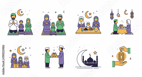 Illustrations showing Muslim families celebrating Ramadan and Eid, featuring prayer, communal meals, gift-giving, mosques, crescent moons, and lanterns.
