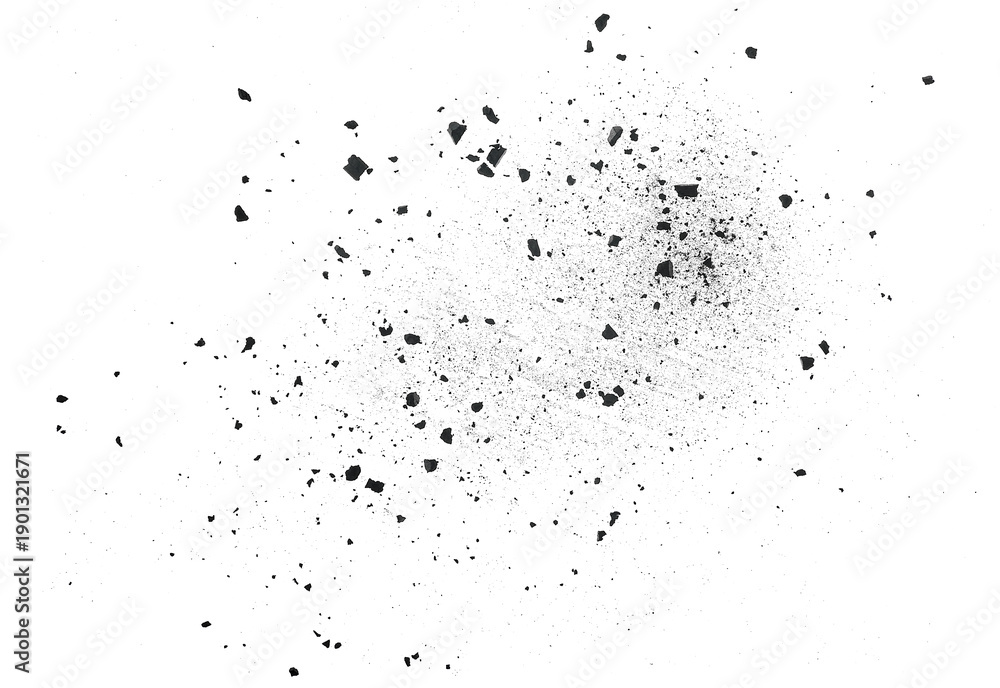 Obraz premium Black charcoal fragments isolated on a white background, top view. Charcoal particles, coal pieces. Activated charcoal powder.