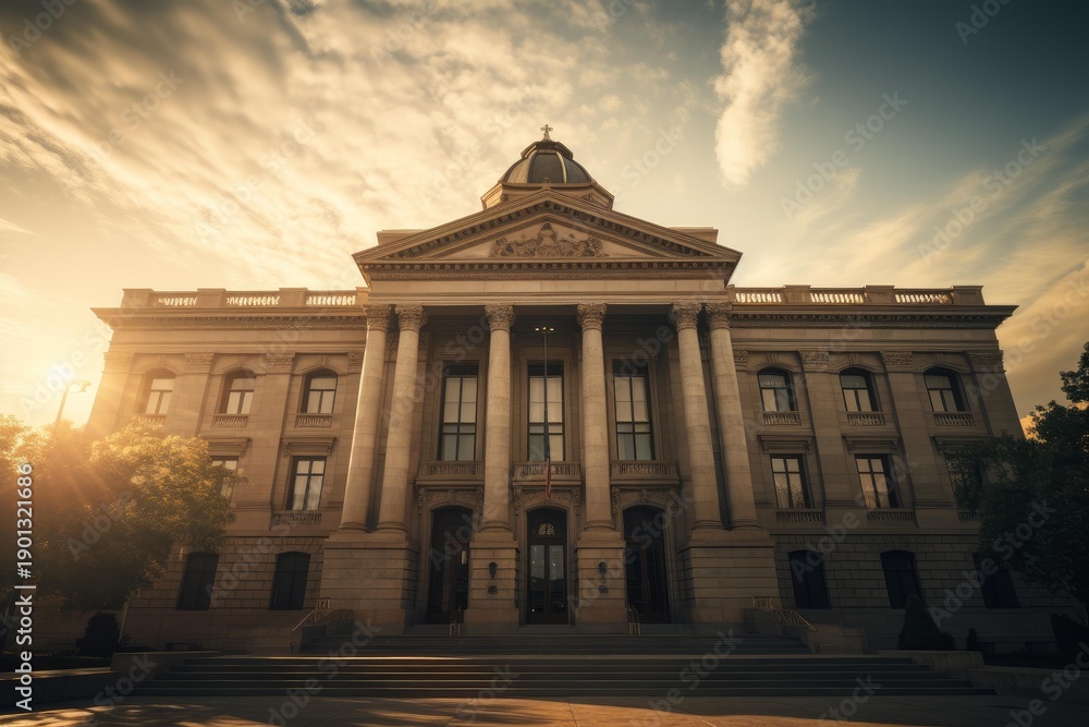 Naklejka premium Government building featuring columns and a dome under a dramatic cloudy sky at sunset
