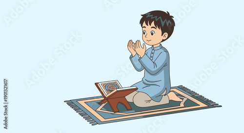 A young Muslim boy kneeling on a prayer mat with a Quran stand, hands raised in supplication, practicing his faith.