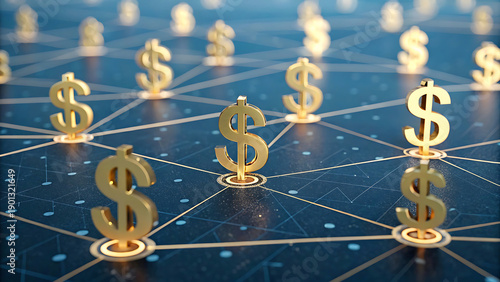 A network of gold dollar signs on a blue grid background representing finance and economy