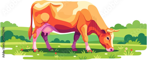 Brown and white cow grazing peacefully in a lush green pasture