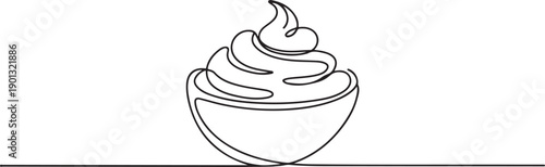 Whipped cream in a bowl in continuous one line art style. Simple vector illustration, one line Art icon drawing vector