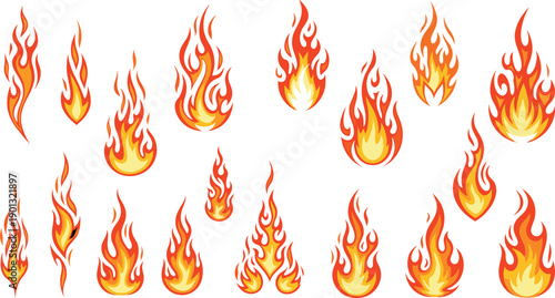 Collection of Flame and Fire Spark Illustrations Featuring Various Shapes of Hot Blazing Bonfire Elements in Vibrant Orange and Yellow Cartoon Style