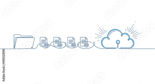 Vector line drawing of computer devices syncing to cloud storage, for website or app illustration, isolated on transparent background, png