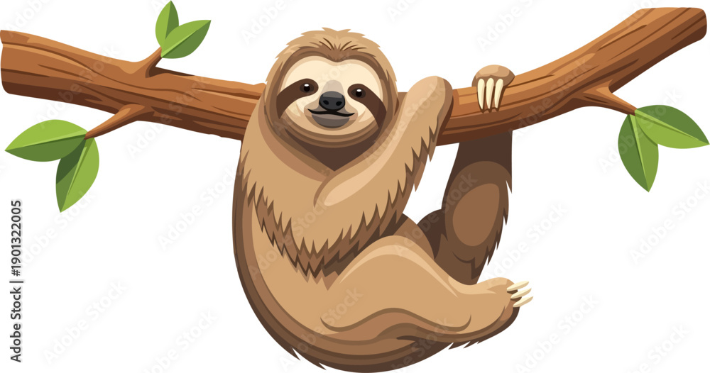 Fototapeta premium Happy sloth clinging to a mossy tree branch with green leaves