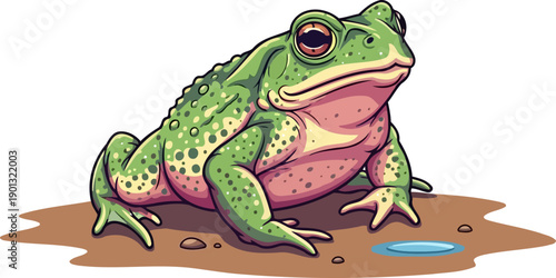 Green speckled toad sitting on muddy ground near puddle