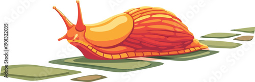 Large orange slug crawling over flat garden stones