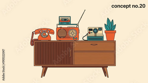 Vintage electronics on a wooden sideboard with a plant