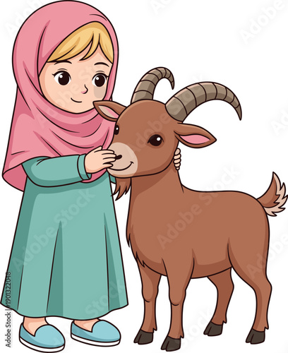 Colorful Cartoon Illustration of a Young Muslim Girl in a Pink Hijab and Teal Dress Petting a Brown Goat for Eid al-Adha Religious Holiday