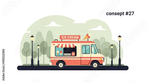 Colorful ice cream truck parked in park