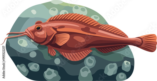 Red bottom-dwelling fish resting on a mossy rock