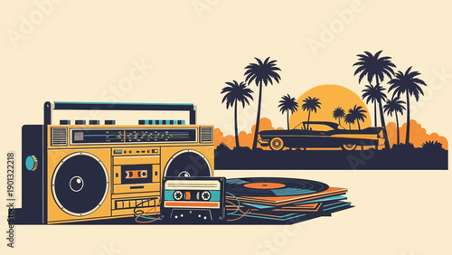 Retro boombox and vinyl records by palm trees at sunset