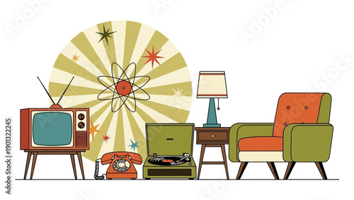 Retro living room with vintage TV and phone