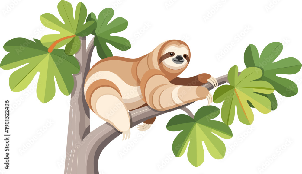 Fototapeta premium Three-toed sloth climbing tree branch with green leaves