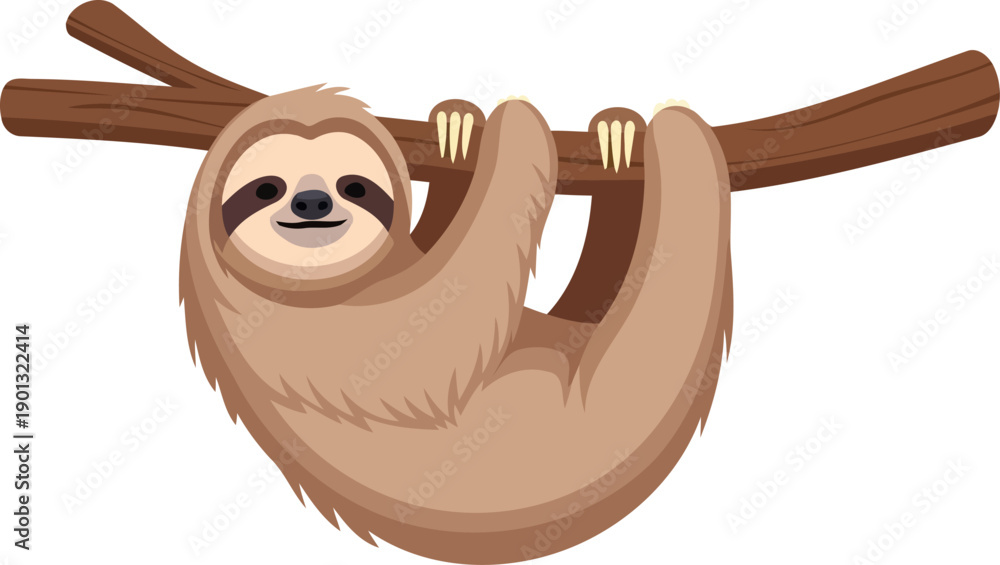 Fototapeta premium Three-toed sloth smiling while hanging upside down from a tree branch
