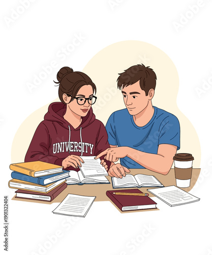 Two diverse university students collaborating on academic material, reviewing notes and books together during a focused study session