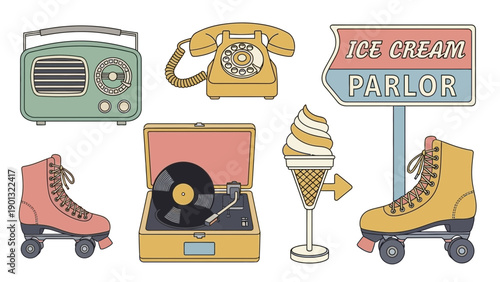 Vintage items for a nostalgic feel with ice cream parlor sign and roller skates