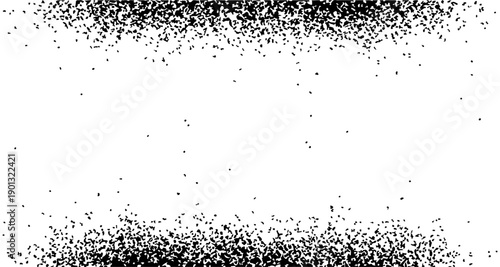 Black grunge dust particles vector texture overlay with horizontal empty space, isolated on white