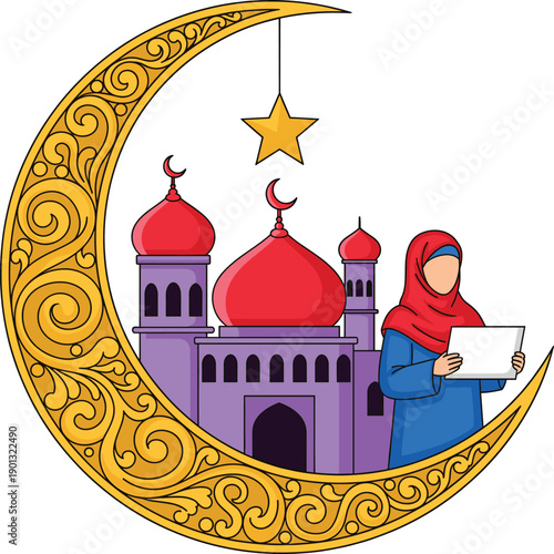Colorful Vector Illustration of a Muslim Woman in Hijab Reading a Book Beside a Purple Mosque and Large Ornate Golden Crescent Moon for Ramadan and Eid Mubarak