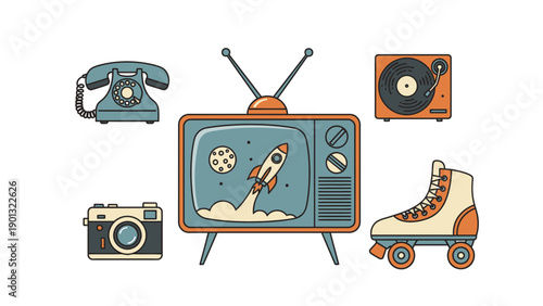 Retro technology and media icons in nostalgic colorful illustration