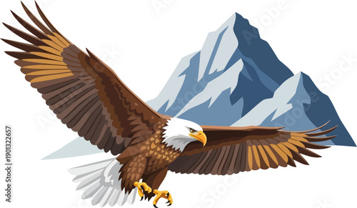 Bald eagle soaring in front of mountains