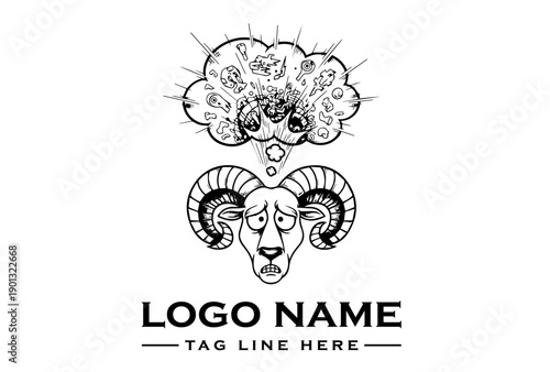 A surreal vector illustration of a ram's head with a thought bubble filled with abstract shapes and patterns, representing illness and mental health, on a white background.