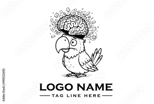 A cartoon parrot with a brain and surreal illness vector graphics on a white background, illustrating a creative logo design concept.