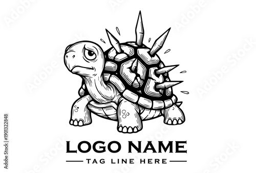 Black and white vector illustration of a spiky turtle with a serious expression walking forward on a clean white background with surreal illness elements.