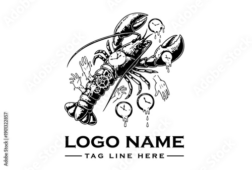 A surreal vector illustration of a lobster with floral elements and clock faces in a whimsical composition against a white background.