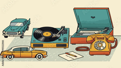 Vintage items including record player and rotary phone on table with classic cars nearby
