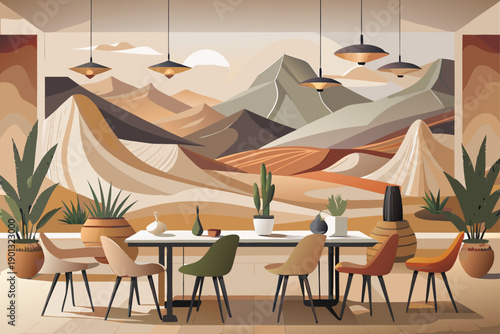 Desert landscape wall painting in the interior of the dining room with neutral colors, minimalist wall art, creating a modern calm atmosphere and a beautiful, natural-inspired design.