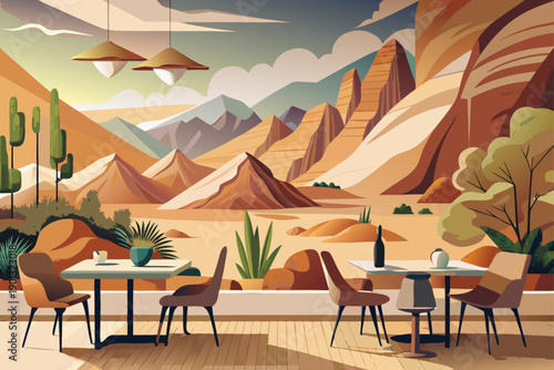 Desert landscape wall painting in the interior of the dining room with neutral colors, minimalist wall art, creating a modern calm atmosphere and a beautiful, natural-inspired design.