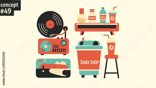 Vintage soda shop with record player and retro treats