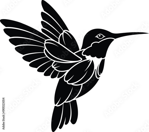 Hummingbird silhouette with decorative feather details in flight movement for logo or tattoo design