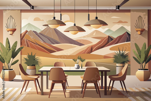 Desert landscape wall painting in the interior of the dining room with neutral colors, minimalist wall art, creating a modern calm atmosphere and a beautiful, natural-inspired design.