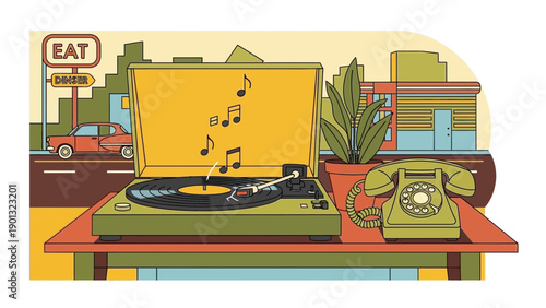 Vintage record player on desk with retro phone and city view