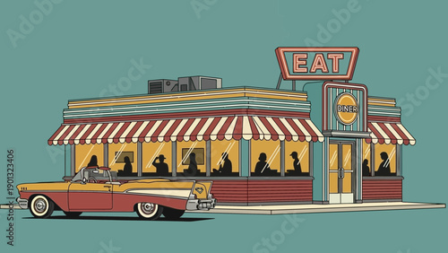 Vintage diner with classic car parked outside at night
