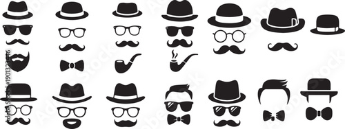 Gentleman Face Elements Hat Mustache Pipe Vector
- Classic Hipster Style Icons Monochrome Vector Set - gentleman icons, hipster icons, men fashion icons, mustache icon, hat icon,