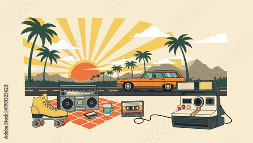 Retro summer road trip with vintage items and palm trees