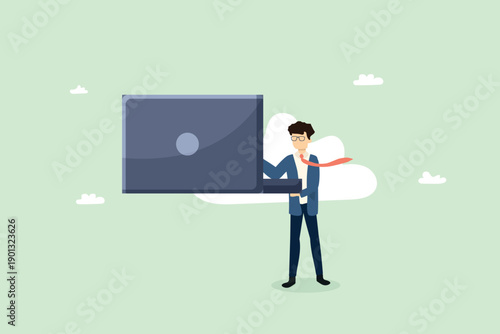 Modern Remote Work and Technology Concept Giant Laptop Illustration Vector