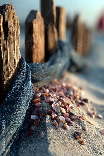 Coastal Scene: Close-up of wooden posts, seashells, and fishing net on sandy beach. Captures texture and tranquility. 