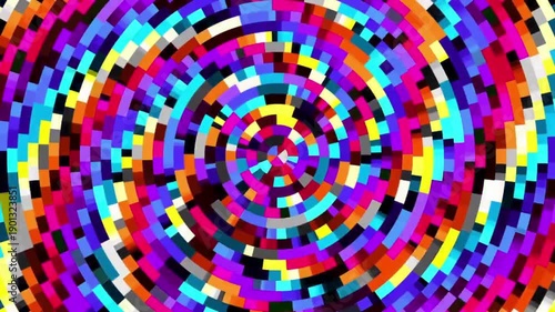 Colorful pixelated spiral pattern with concentric circles and vibrant hues