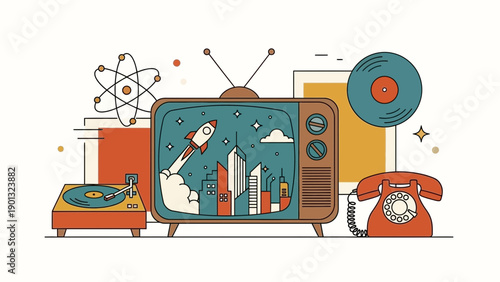 Retro TV shows rocket launching into cityscape with vintage phone and records nearby