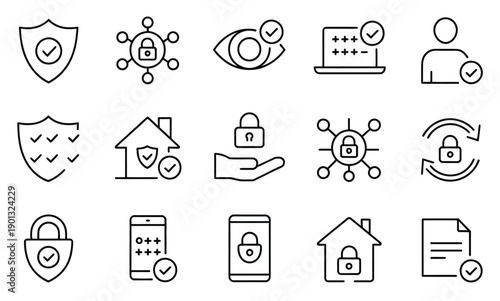 Security linear icon collection, cybersecurity and privacy symbols including locks, shields, firewall, surveillance eye, secure login, home alarm and laptop protection, clean outline vector 